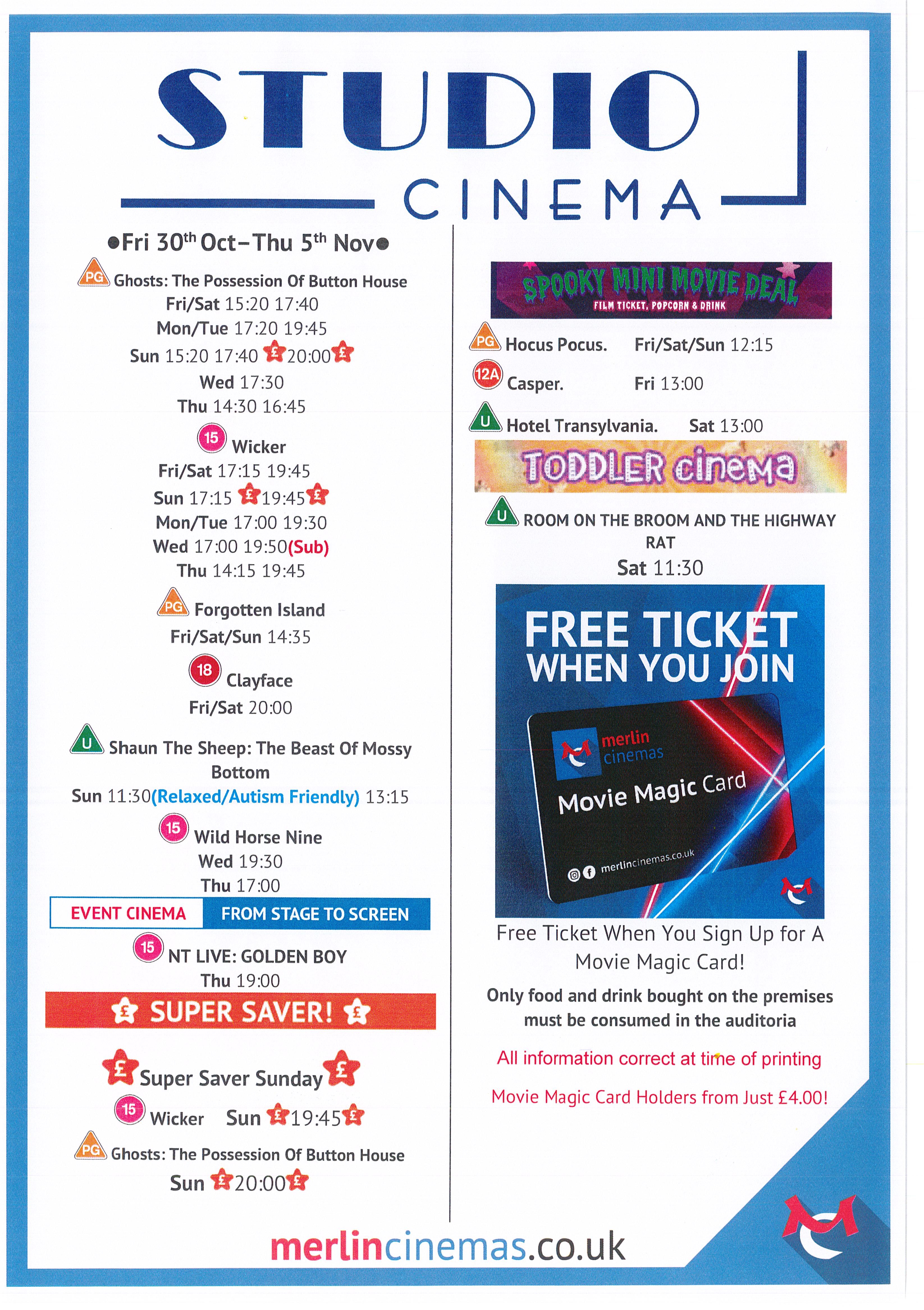 Studio Cinema Listings Friday 30th October - Thursday 5th November